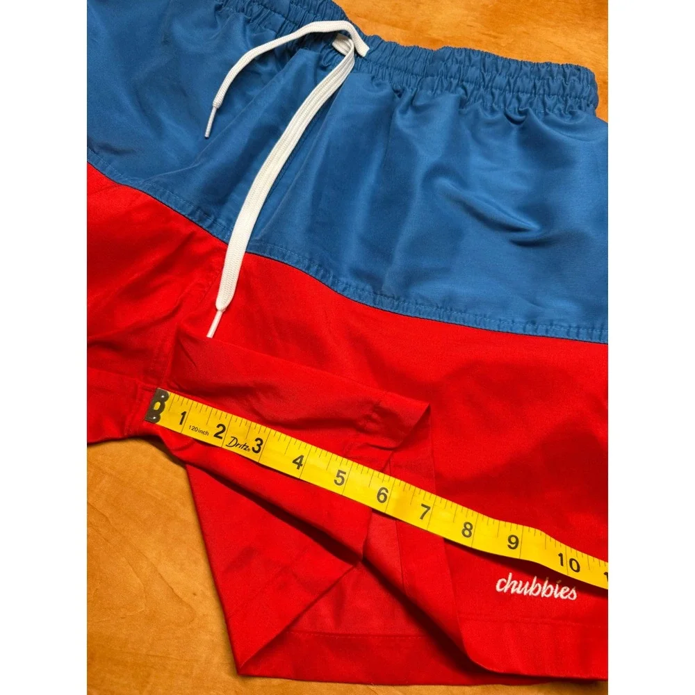 Chubbies Mens Red Blue Colorblock Swim Trunks Mesh Lined Shorts L Made in USA